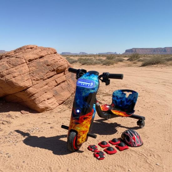 صورة سكوتر درفت صغير بطبعات أزرق ناري مختلفة 36 فولت بثلاث عجلات